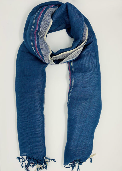 Organic Linen Scarf -Blue with Pink and White lined border - makersweave.com
