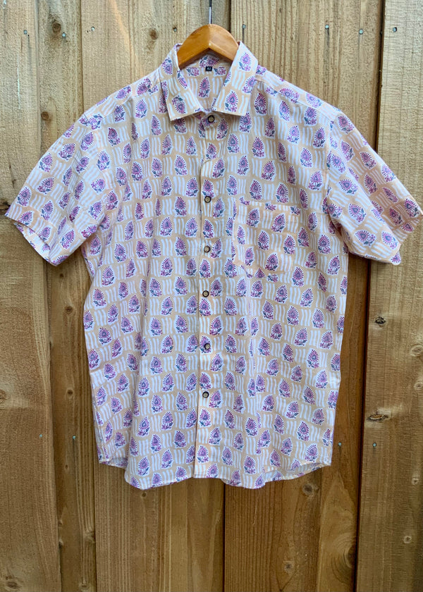 Handblock Printed Half Sleeves Shirt - Light Peach