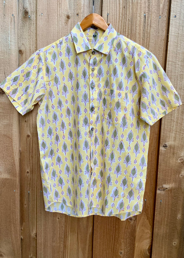 Handblock Printed Half Sleeves Shirt - Lemon
