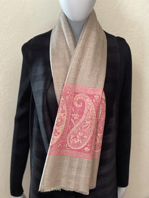 SILK AND WOOL REVERSIBLE JAMAVAR PINK BORDER - makersweave.com
